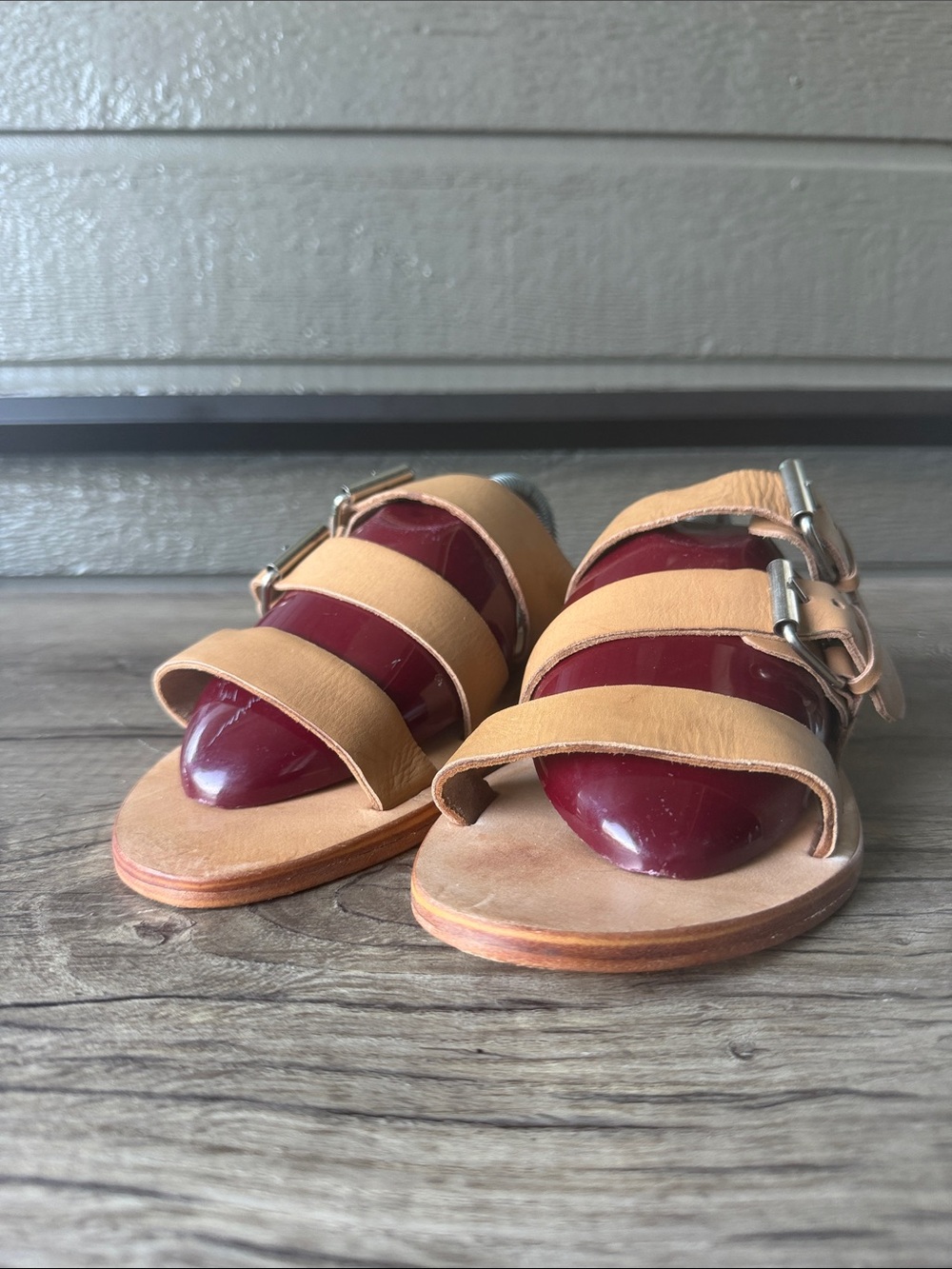 Sol Sana Tan Leather Triple-Strap Sandals with Burgundy Accents size 40